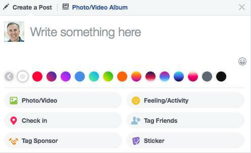 Facebook laiendas olekuvärskenduste jaoks saadaolevate taustavärvide valikute valikut.