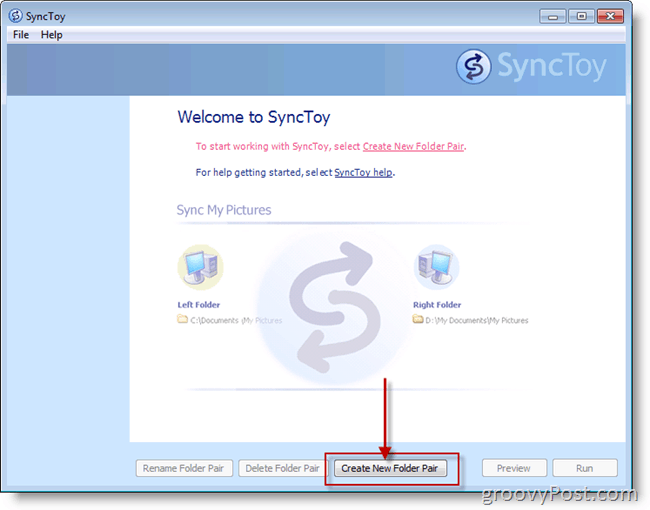 Microsoft SyncToy Loo uus kaustapaaride ekraanipilt
