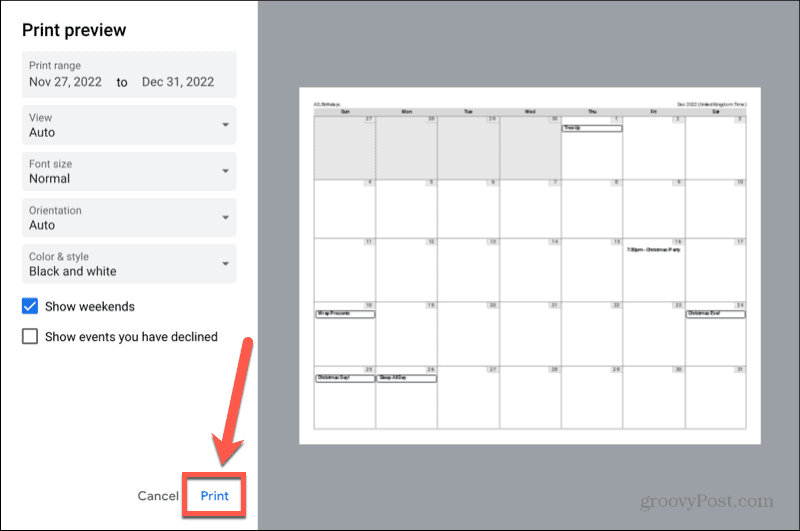 Google'i kalendri printimisnupp