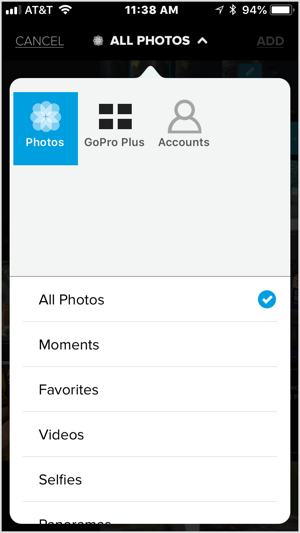 Puudutage ikooni + ja valige Quiki importimiseks video või viis või enam pilti.