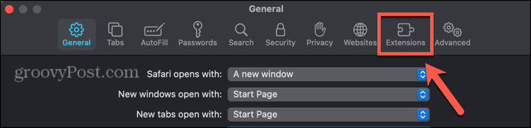 mac safari laienduste vahekaart