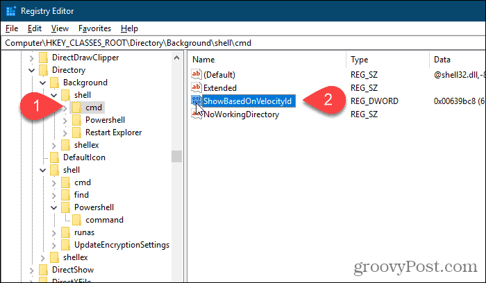 Nimeta taust cmd HideBasedOnVelocityId ümber Windowsi registriredaktoris