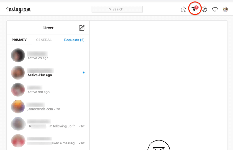 Instagrami otsesõnumite armatuurlaua ekraanipilt, kus paberilennuki ikoon on esile tõstetud