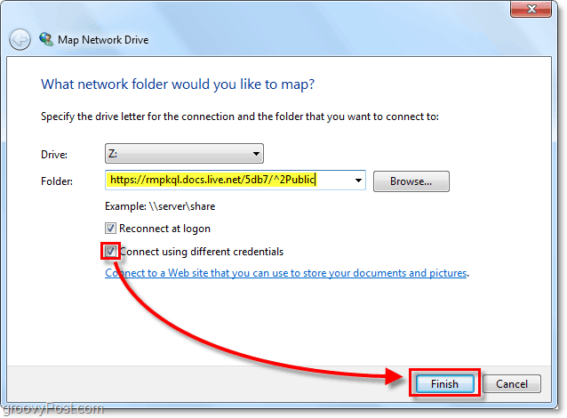kleepige oma Windows Live'i skydrive URL-i kaardistatud võrgudraivi optsiooni ja kontrollige, kas meil on ühendatud erinevad mandaadid, seejärel klõpsake nuppu Lõpeta.