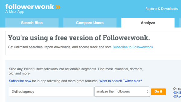 Valige Twitteri konto, mida soovite Followerwonkiga analüüsida.