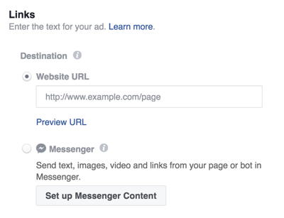 Valige oma Facebook Messengeri reklaami jaoks sihtkoht.