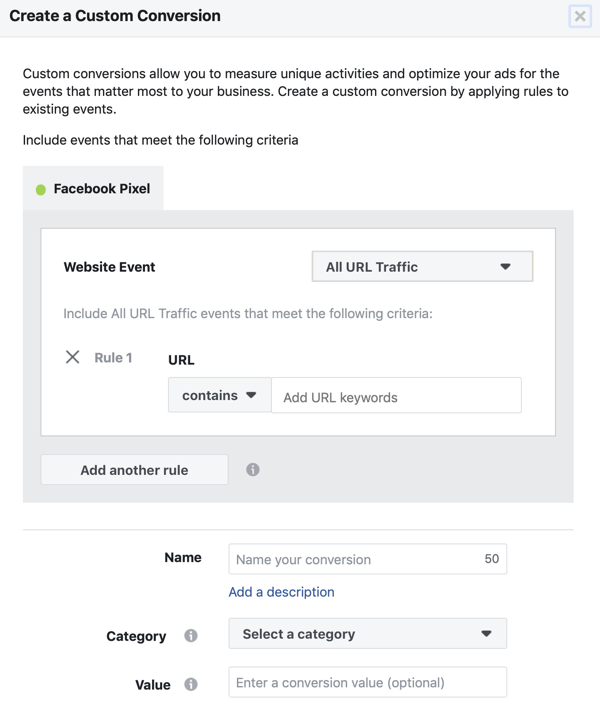 Kui teie kohandatud teisendus käivitatakse, kasutage Facebooki sündmuse seadistamise tööriista 11. sammu URL-i seadistust