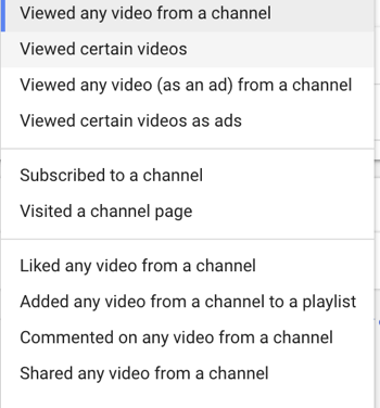 YouTube'i reklaamikampaania seadistamine, 27. samm - konkreetse uuesti turundamise kasutaja toimingu määramine