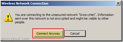 Windows XP traadita võrguühenduse turvamata võrguhoiatus: groovyPost.com