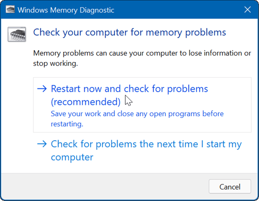 Windowsi mälu diagnostika taaskäivitage ja kontrollige