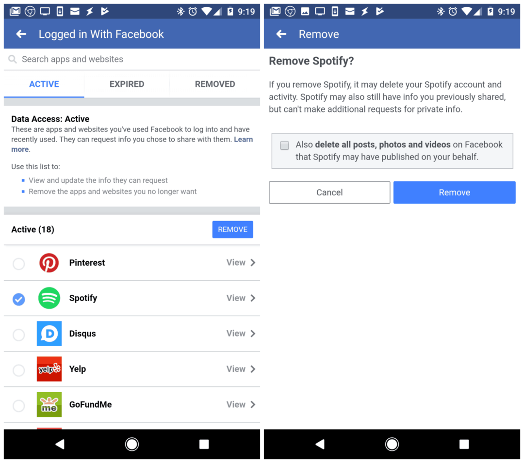 Spotify lahtiühendamine Facebooki mobiilirakenduses