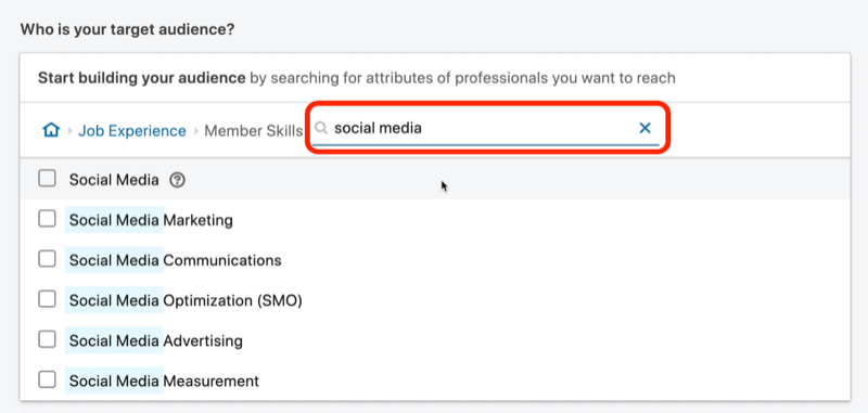 ekraanipilt LinkedIni 'sotsiaalmeedia' liikme oskuste otsingutulemitest