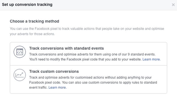 Facebooki reklaamide jaoks saate valida kahe konversioonide jälgimise meetodi vahel.