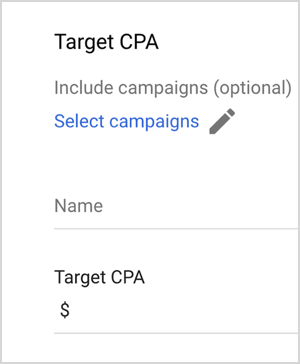 See on ekraanipilt Google Adsi siht-CPA-valikutest. Need valikud on Kaasa kampaaniad (valikuline), Vali kampaaniad, Nimi, Siht-CPA (koos tekstiväljaga väärtuse sisestamiseks). Mike Rhodes ütleb, et Google Adsi nutikad pakkumisvalikud, nagu siht-CPA, kasutavad pakkumiste haldamiseks tehisintellekti.
