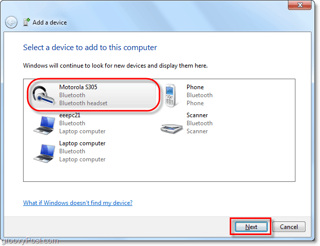klõpsake Windows 7-l oma Bluetooth-seadmel, lisage seadme viisard ja klõpsake nuppu Järgmine