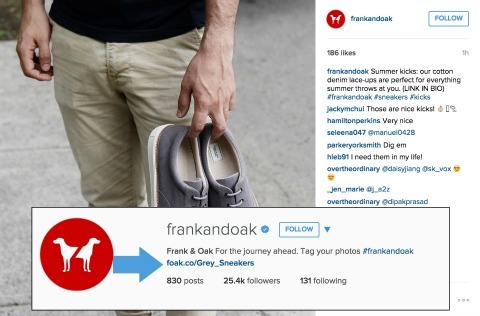 Frank ja Oak näide linkide lisamisest teie Instagrami biosse