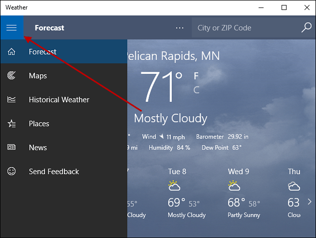 hamburgeri menüü Windows 10 Weather