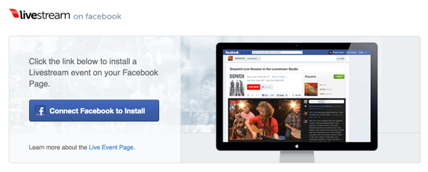 Livestreami installimiseks oma Facebooki lehele klõpsake nuppu Ühenda Facebook installimiseks.