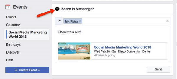 Facebook palub kasutajatel jagada Facebookis avastatud sündmust teiste Messengeri kasutajatega.