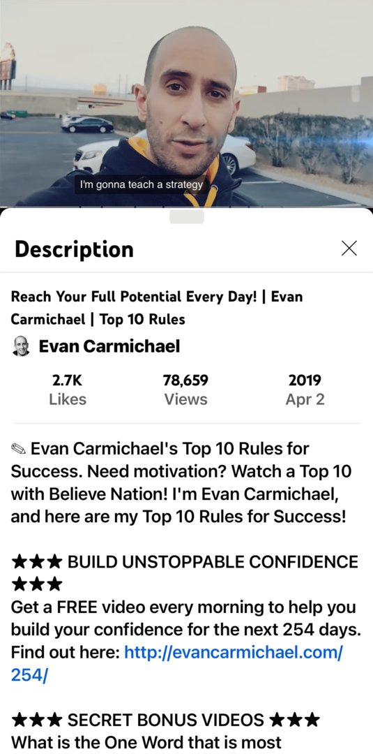 Evan Carmichaeli YouTube'i video pilt ja kirjeldus mobiilirakenduses