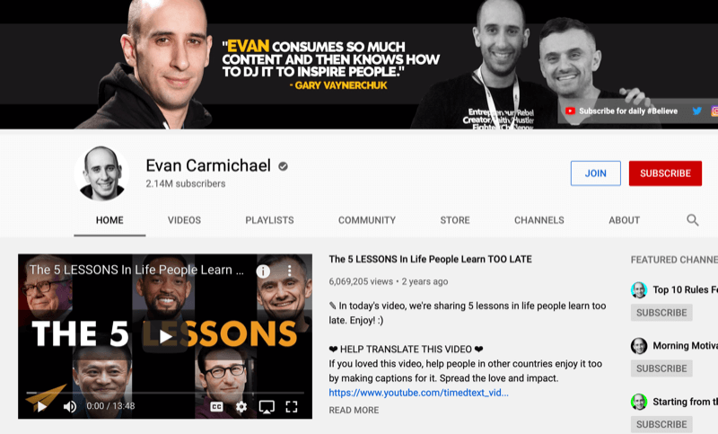 YouTube'i kanali leht Evan Carmichaelile