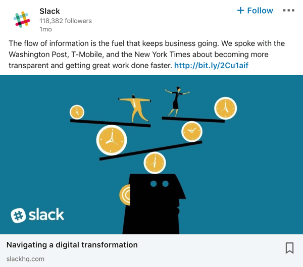 Slack LinkedIni ettevõtte lehe postituse näide.