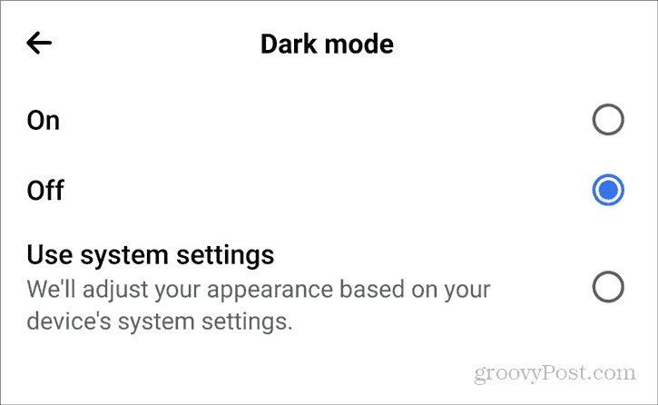 Facebooki pimedas režiimis Androidi seaded Privaatsus Tume režiim on välja lülitatud