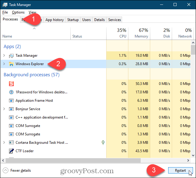Valige Windows Exploreri protsess ja klõpsake Windows 10 käsul Taaskäivita