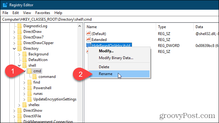 Valige Windowsi registriredaktoris väärtuse HideBasedOnVelocityId jaoks Nimeta ümber