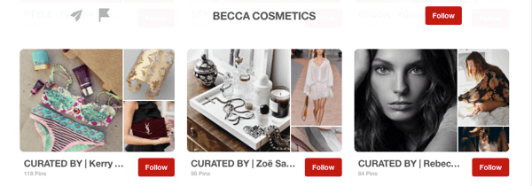 Näide Becca Cosmeticsi mõjutajate poolt kureeritud Pinteresti külalistahvlitest.