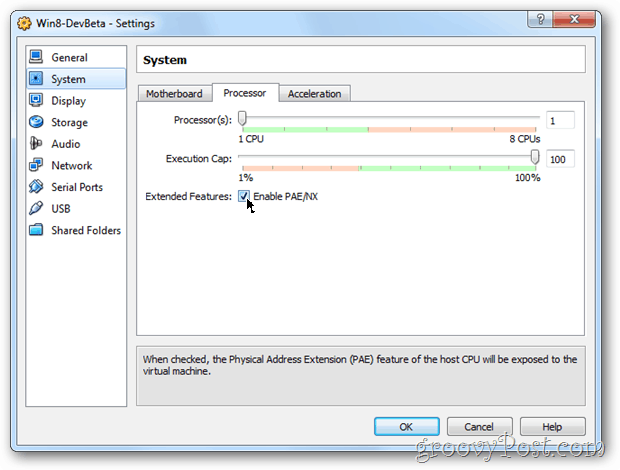 VirtualBoxi seadete protsessor võimaldab pae / nx cpu Windows 8