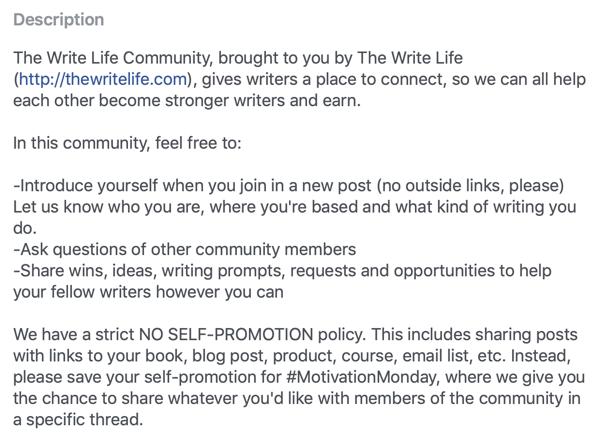 Kuidas parandada oma Facebooki grupi kogukonda, näide Facebooki grupi kirjeldusest ja reeglitest The Write Life Community poolt