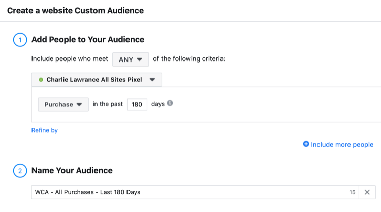 seadistage Facebooki veebisaidil viimase 180 päeva jooksul ostnud külastajate kohandatud vaatajaskond