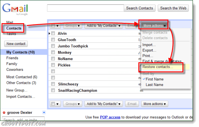 Gmaili kontaktide taastamise taastamine