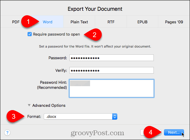 Ekspordi oma dokumendi dialoogiboks Pages for Mac