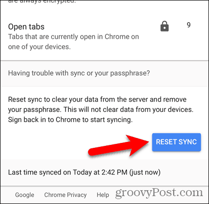 Lähtestage sünkroonimine Chrome'is iOS-i jaoks