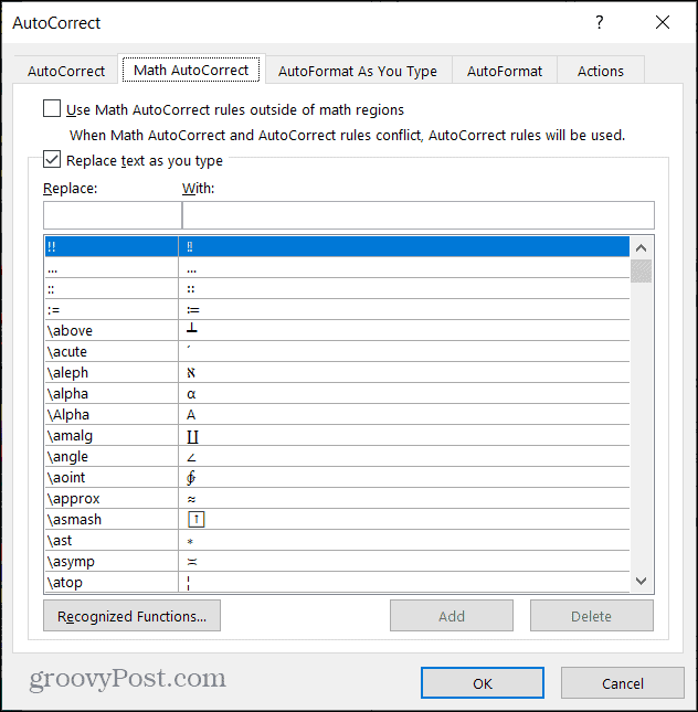 Matemaatiline automaatne parandus Wordis Windowsis