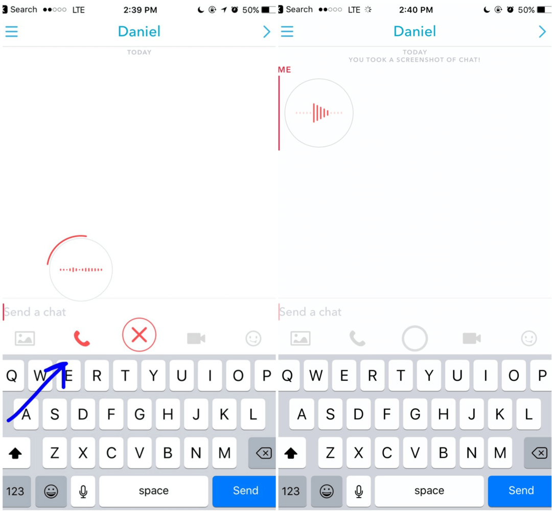 Hoidke Snapchatis telefoni ikooni, et salvestada häälsõnum, mida teie klient järgmisel sisselogimisel näeb.