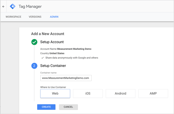Pärast konto loomist palub Google Tag Manager teil luua konteineri, mis on jälgimismärgendite ja päästikute kogu, mis käsib neil siltidel kasutaja toimingut salvestada.