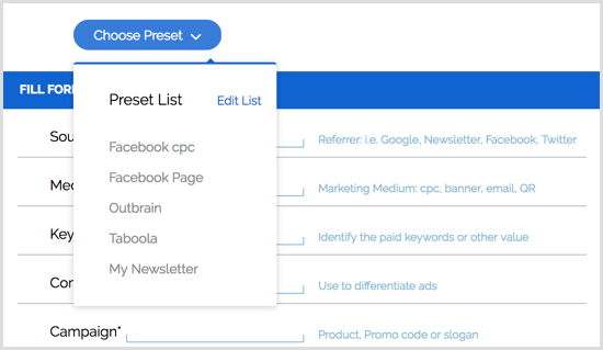 Google URL Builderi Chrome'i laienduse eelseadistused