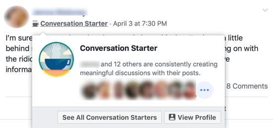 Kuidas oma Facebooki grupi kogukonda paremaks muuta, näide grupi liikmete nime kõrval olevast Facebooki grupi märgi „Vestluse alustaja” ja hüpikaknast, mis tuvastab teised grupi liikmed, kes seda märki jagavad