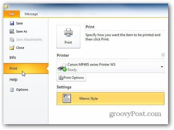 Outlook 2010: printige ainult üks leht sõnumist