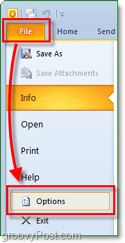 Microsofti väljaandes 2010 Outlook klõpsake taustal sisenemiseks failiribale ja klõpsake siis nuppu Suvandid
