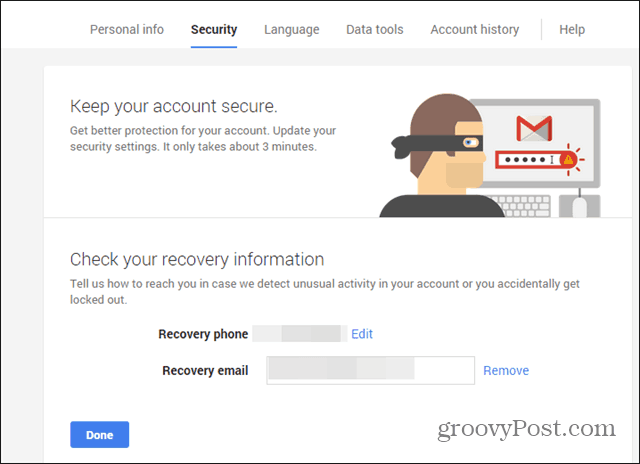 Google'i turvalisuse viisardi telefoni e-posti kontroll