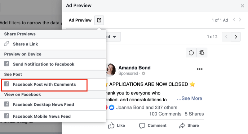 1. samm, kuidas vaadata läbi Facebooki reklaamide negatiivne tagasiside