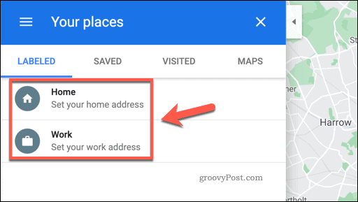 Google Mapsi menüü Teie kohad