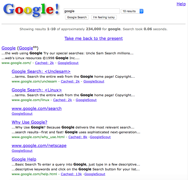 Reede lõbus: minge tagasi veebis 1.0 juurde Google'i poolt "Google 1998"
