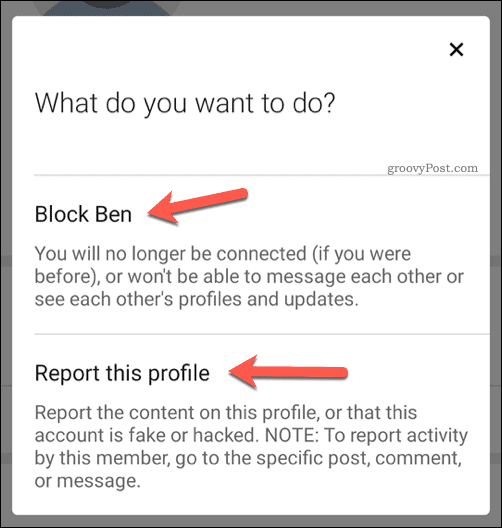 LinkedInis kasutaja blokeerimise või teatamise valimine