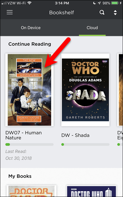 Puudutage raamatut, et see oma iOS-i seadmes BookFusioni alla laadida