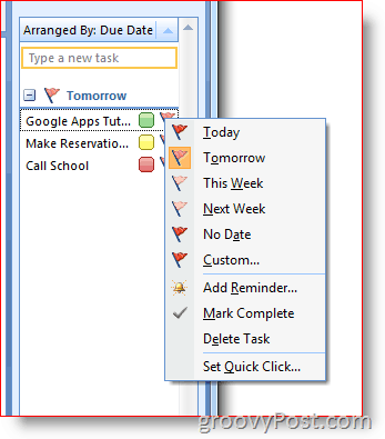 Outlook 2007 ülesanderiba – paremklõpsake suvandite menüü lipu
